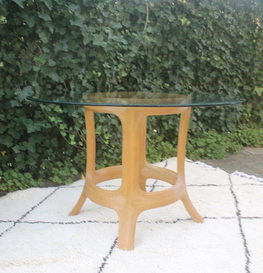 Vintage Round Bamboo Dining Room Table With Glass Top