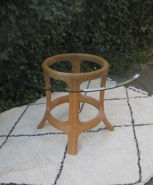 Vintage Round Bamboo Dining Room Table With Glass Top