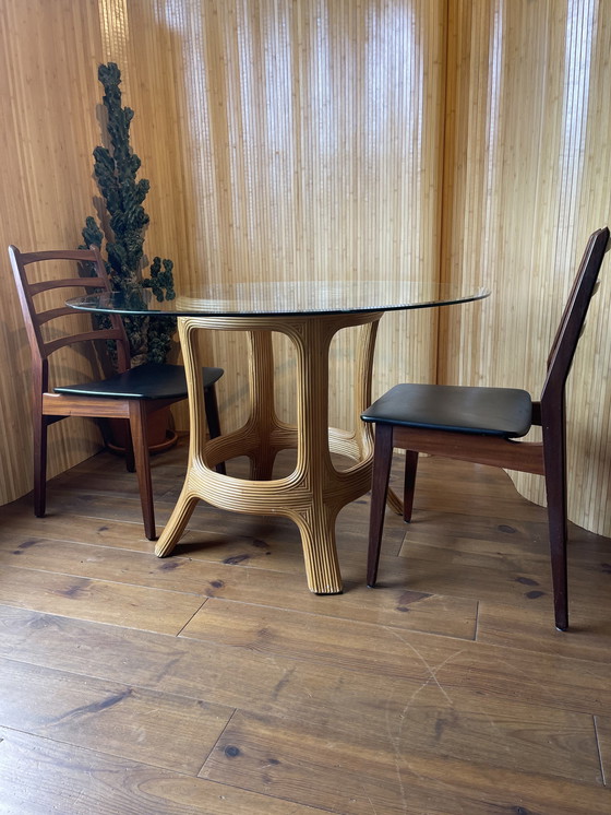 Image 1 of Vintage Round Bamboo Dining Room Table With Glass Top