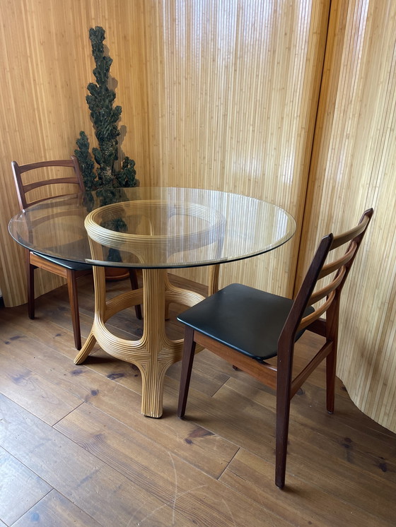 Image 1 of Vintage Round Bamboo Dining Room Table With Glass Top