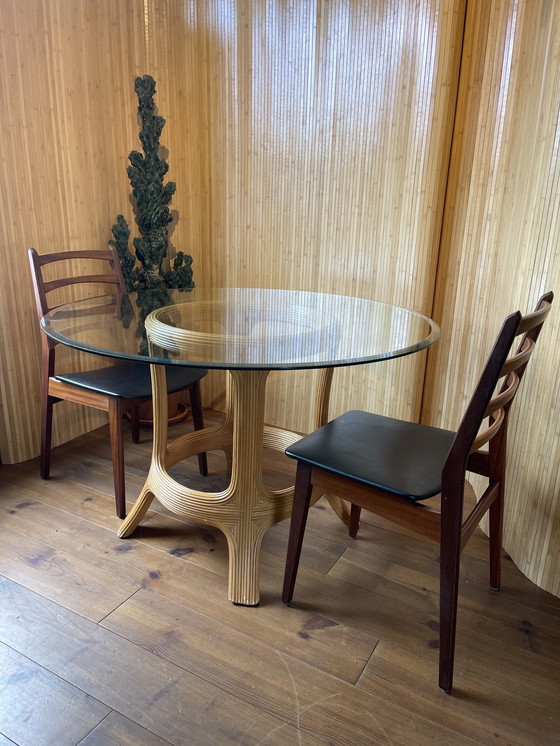 Image 1 of Vintage Round Bamboo Dining Room Table With Glass Top