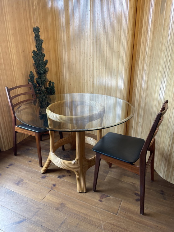 Image 1 of Vintage Round Bamboo Dining Room Table With Glass Top