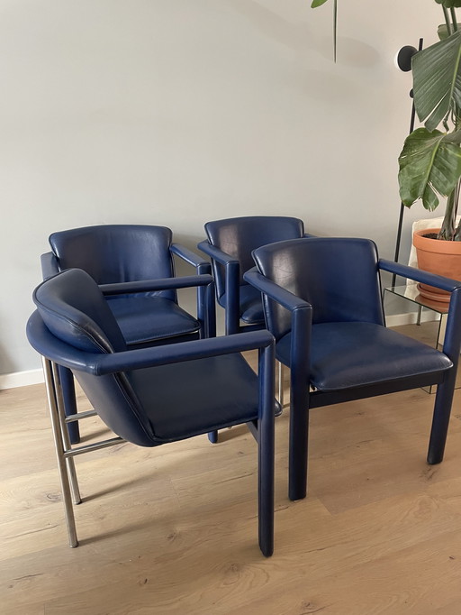 4x Leolux Cachucha chaises de salle à manger en cuir bleu