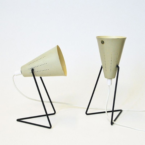 Image 1 of Pair of vintage creamy white metal table lamps by Svend Aage Holm-Sørensen for Asea, Sweden 1950