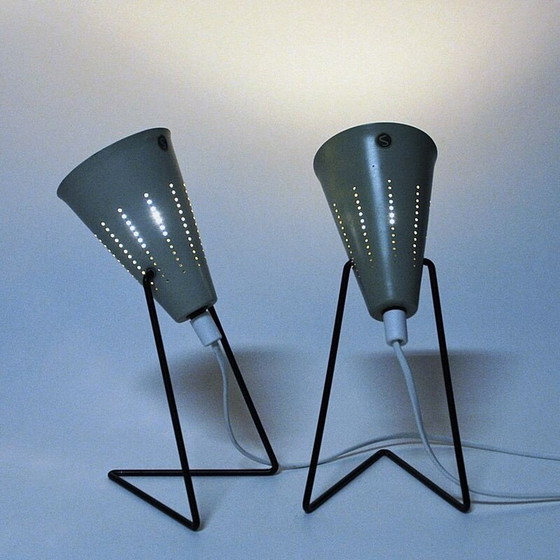 Image 1 of Pair of vintage creamy white metal table lamps by Svend Aage Holm-Sørensen for Asea, Sweden 1950