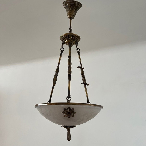 Image 1 of Vintage brass and frosted glass Swedish pendant lamp, 1970s