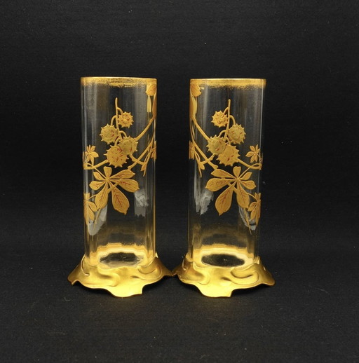 Baccarat - Pair Of Gold Decorated Crystal Vases