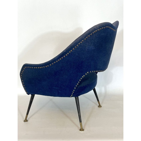 Image 1 of Poltrona vintage italiana in tessuto blu e ottone, anni '50
