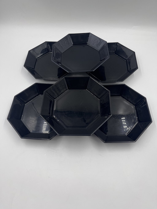 Set Of 6 Arcoroc Black Soup Plates