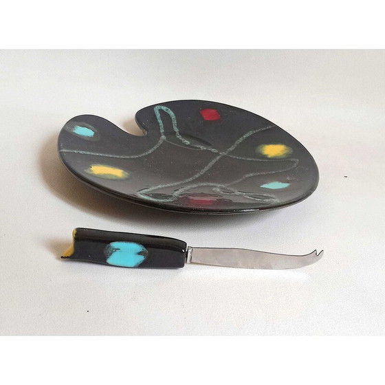 Image 1 of Vintage cheese board with ceramic and stainless steel knife, 1950