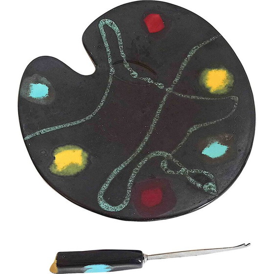 Image 1 of Vintage cheese board with ceramic and stainless steel knife, 1950