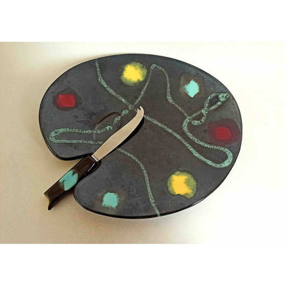 Image 1 of Vintage cheese board with ceramic and stainless steel knife, 1950