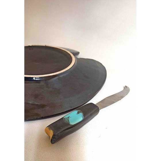Image 1 of Vintage cheese board with ceramic and stainless steel knife, 1950