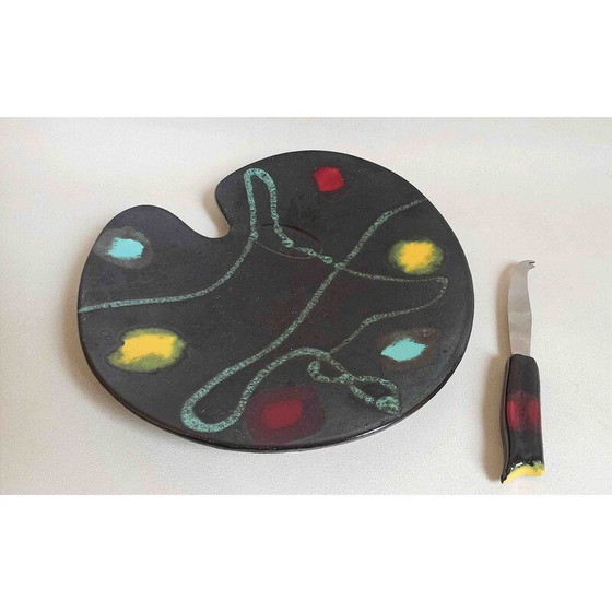 Image 1 of Vintage cheese board with ceramic and stainless steel knife, 1950
