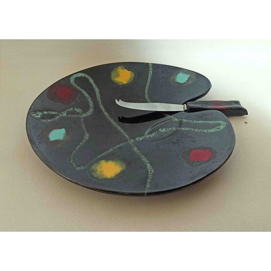 Image 1 of Vintage cheese board with ceramic and stainless steel knife, 1950