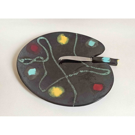 Image 1 of Vintage cheese board with ceramic and stainless steel knife, 1950