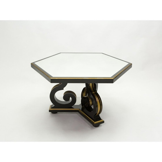 Image 1 of Vintage neoclassical dining table Maurice Hirsch black wood gilded mirror, France 1970s