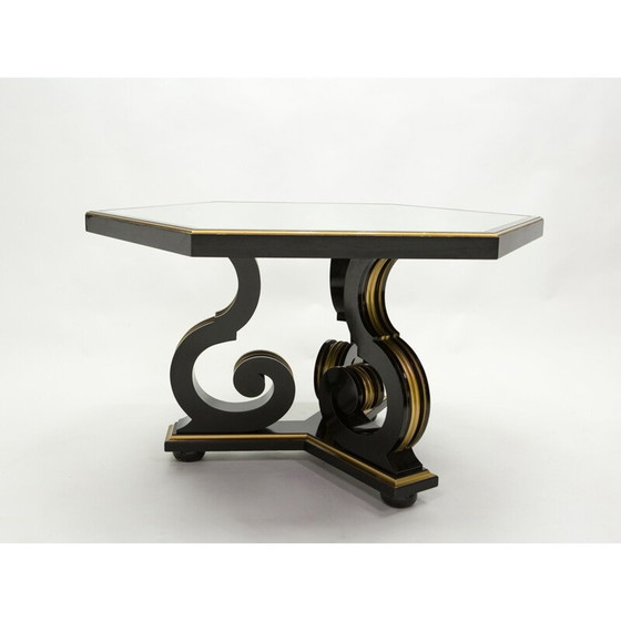Image 1 of Vintage neoclassical dining table Maurice Hirsch black wood gilded mirror, France 1970s
