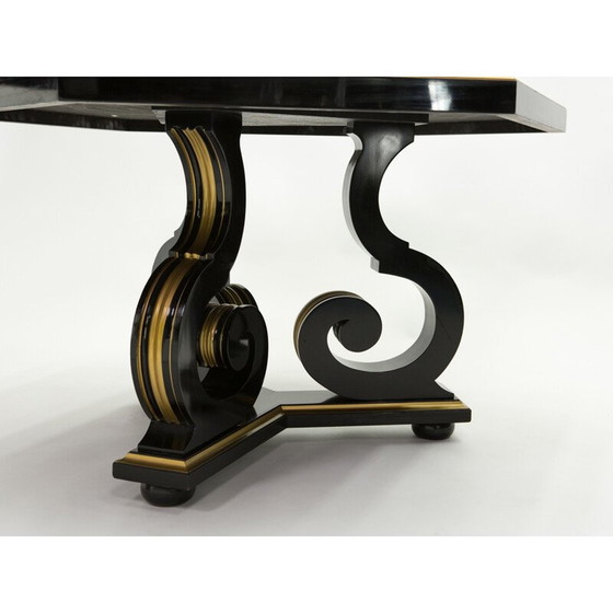 Image 1 of Vintage neoclassical dining table Maurice Hirsch black wood gilded mirror, France 1970s
