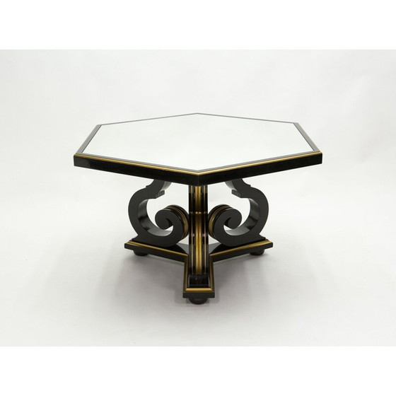 Image 1 of Vintage neoclassical dining table Maurice Hirsch black wood gilded mirror, France 1970s