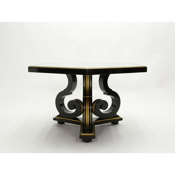 Image 1 of Vintage neoclassical dining table Maurice Hirsch black wood gilded mirror, France 1970s
