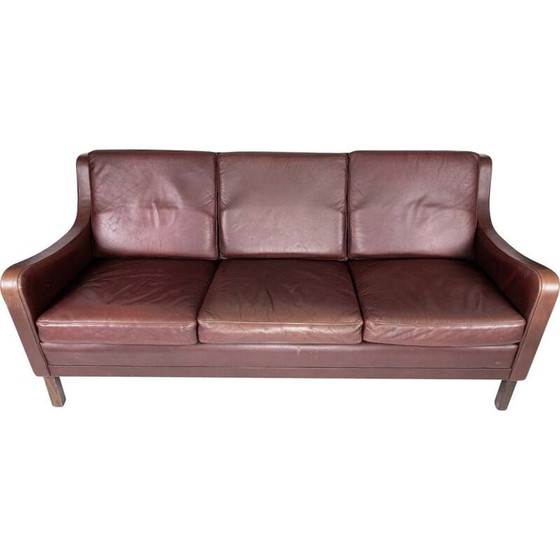 Image 1 of Vintage Three seater sofa with red brown leather by Stouby Furniture 1960s