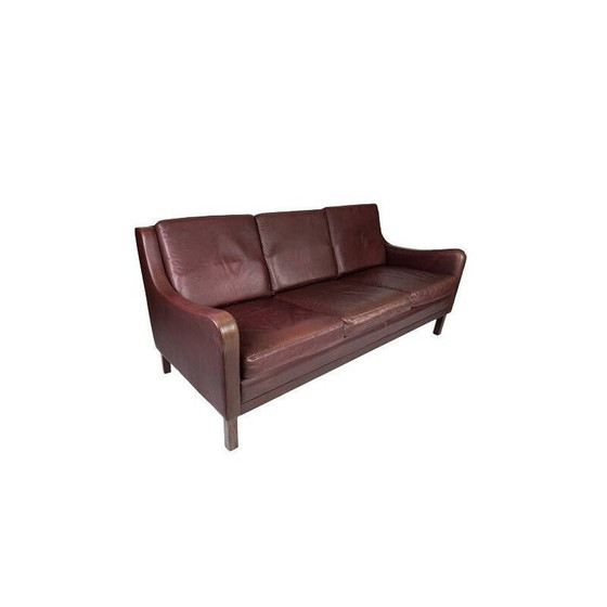 Image 1 of Vintage Three seater sofa with red brown leather by Stouby Furniture 1960s