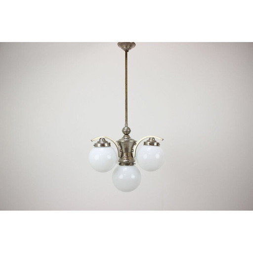 Vintage art deco metal and glass chandelier, Czechoslovakia 1930