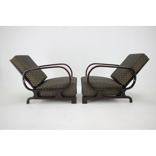 Pair of vintage Art Deco armchairs in stained beech wood and fabric, Czechoslovakia 1930