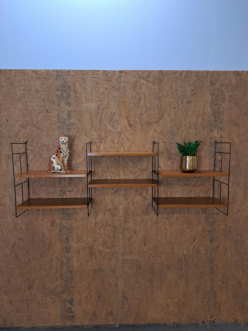 Large Teak Steel Wall System With Shelves, Wall Rack