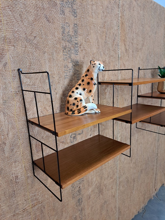 Image 1 of Large Teak Steel Wall System With Shelves, Wall Rack