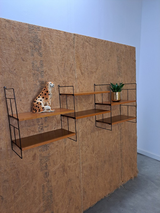 Large Teak Steel Wall System With Shelves, Wall Rack