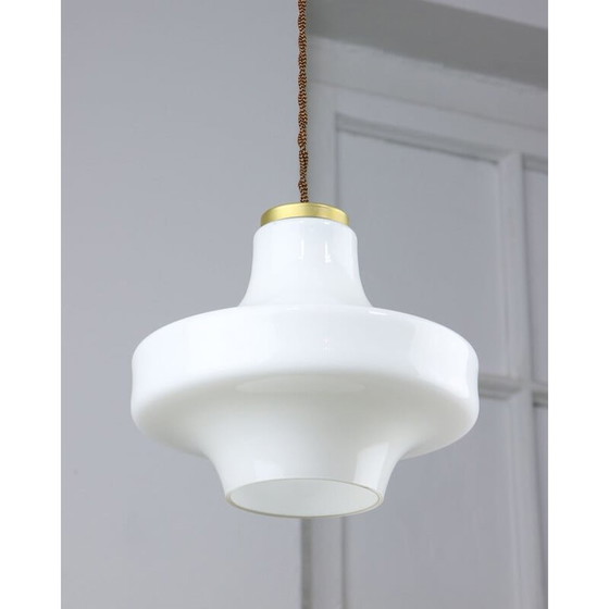 Image 1 of Mid-century white glass and brass pendant lamp