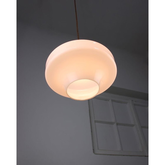 Image 1 of Mid-century white glass and brass pendant lamp