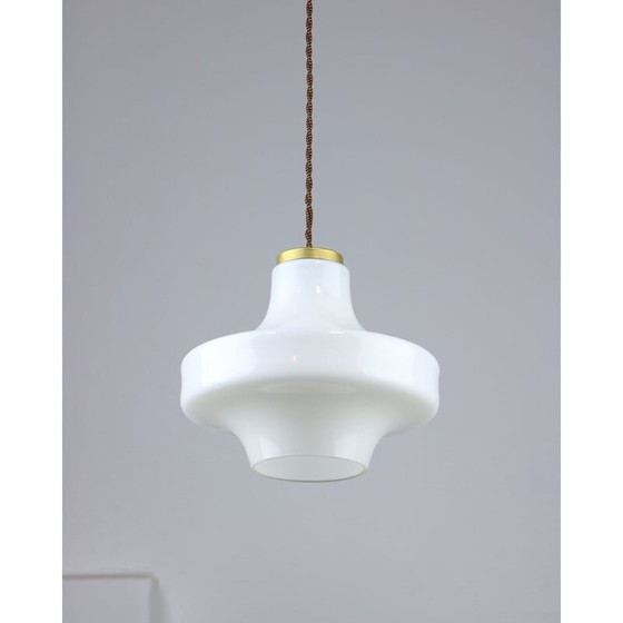Image 1 of Mid-century white glass and brass pendant lamp