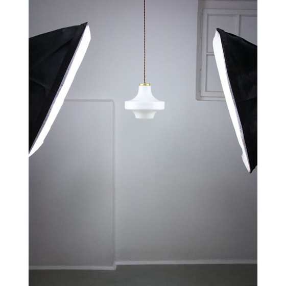 Image 1 of Mid-century white glass and brass pendant lamp