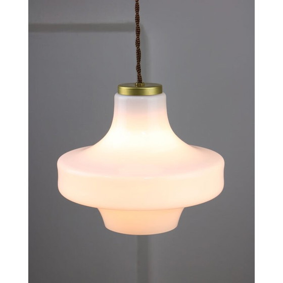 Image 1 of Mid-century white glass and brass pendant lamp