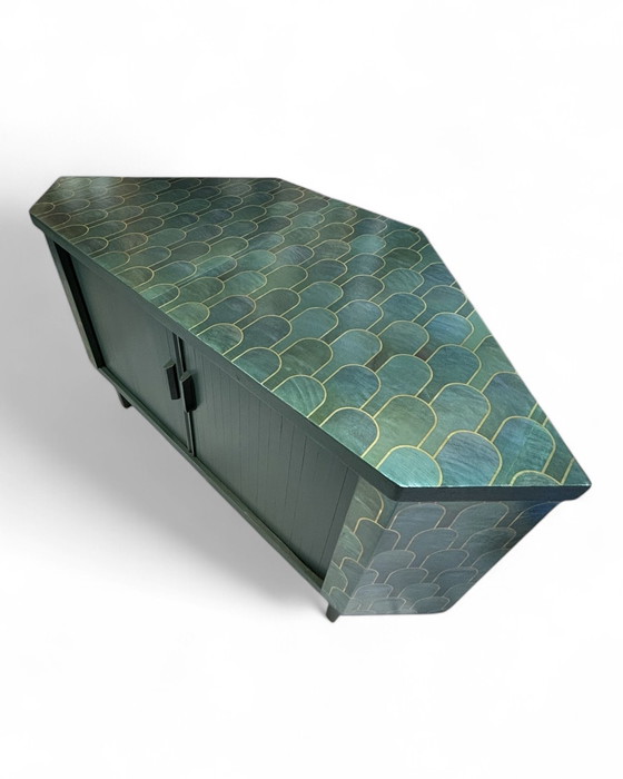 Image 1 of Mid - Century Swivel Bar Cabinet With Nizwa Jade By Bethan Gray