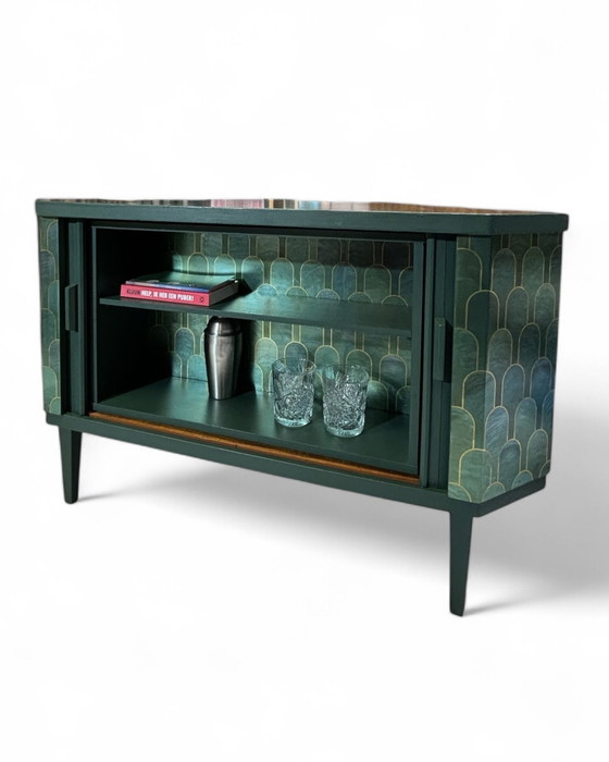 Image 1 of Mid - Century Swivel Bar Cabinet With Nizwa Jade By Bethan Gray