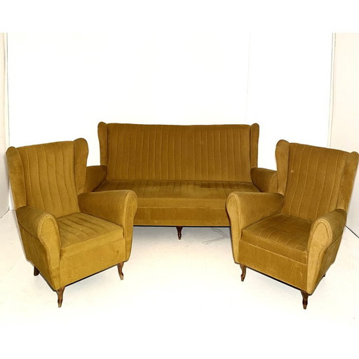 Vintage Velver and wood living room set, Italy 1950s