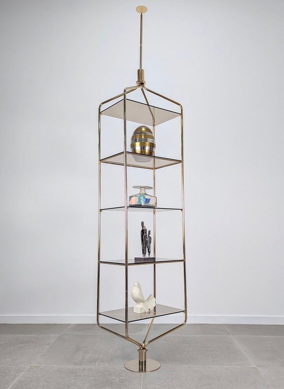 Image 1 of Mid-Century Designer Tension Pole Shelving In Brass, 1960S