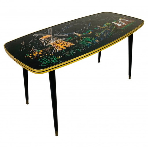 Table basse vintage avec plateau en verre et pieds coniques - années 1950