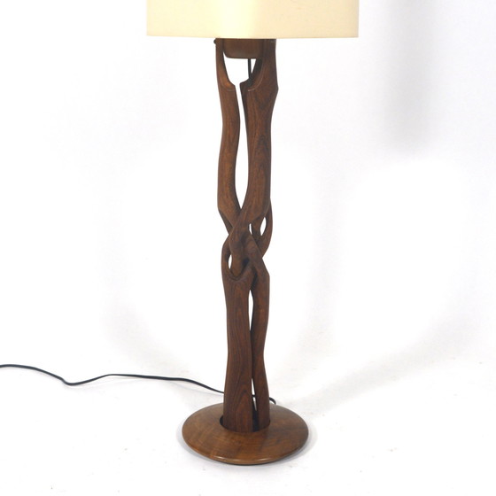 Image 1 of Mid Century hand carved Scandinavian teak table lamp - 1950-60's