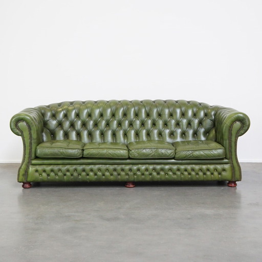 Green Beef Leather 3 Seater Chesterfield Sofa