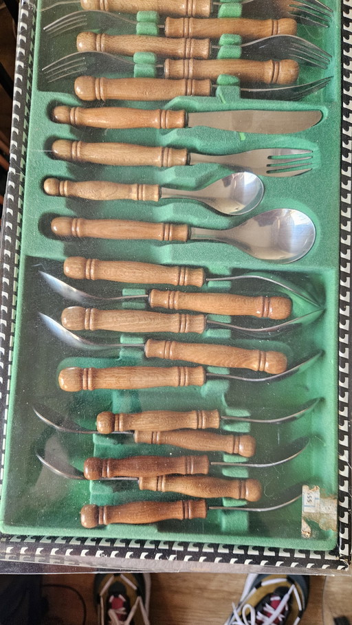 Retro Wooden 70s Cutlery in Box