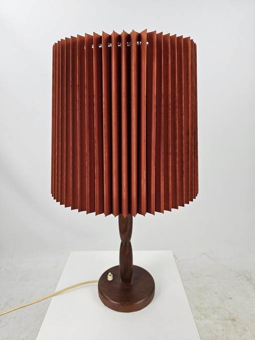 Teak Wooden Table Lamp With Red Pleated Shade Danish