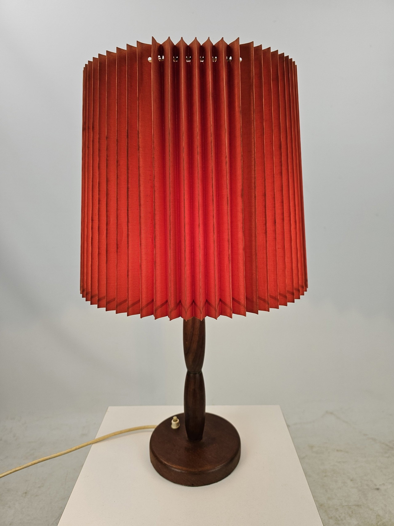 Teak Wooden Table Lamp With Red Pleated Shade Danish