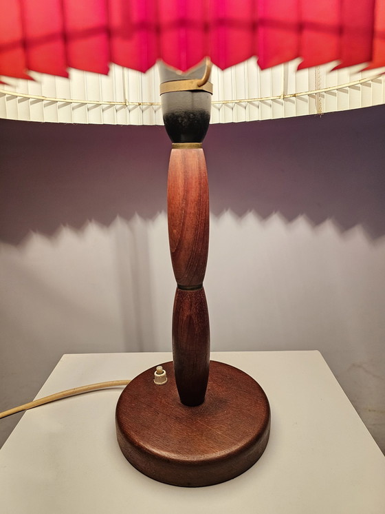 Image 1 of Teak Wooden Table Lamp With Red Pleated Shade Danish