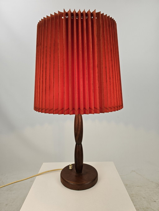 Teak Wooden Table Lamp With Red Pleated Shade Danish