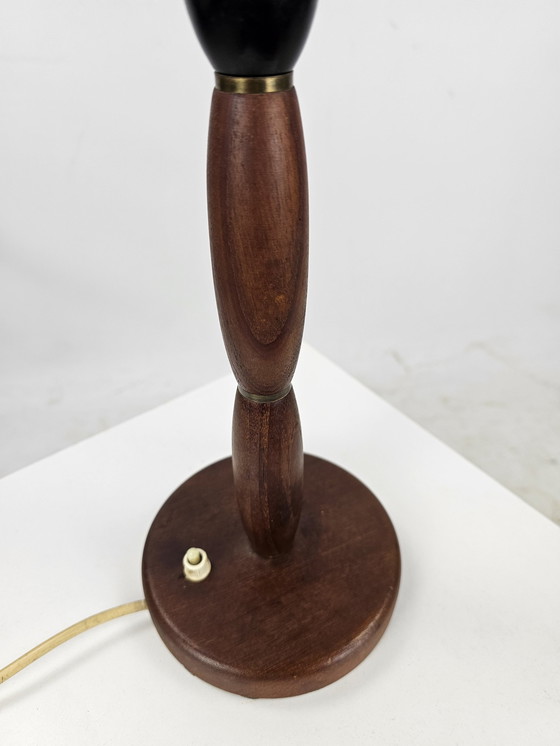 Image 1 of Teak Wooden Table Lamp With Red Pleated Shade Danish